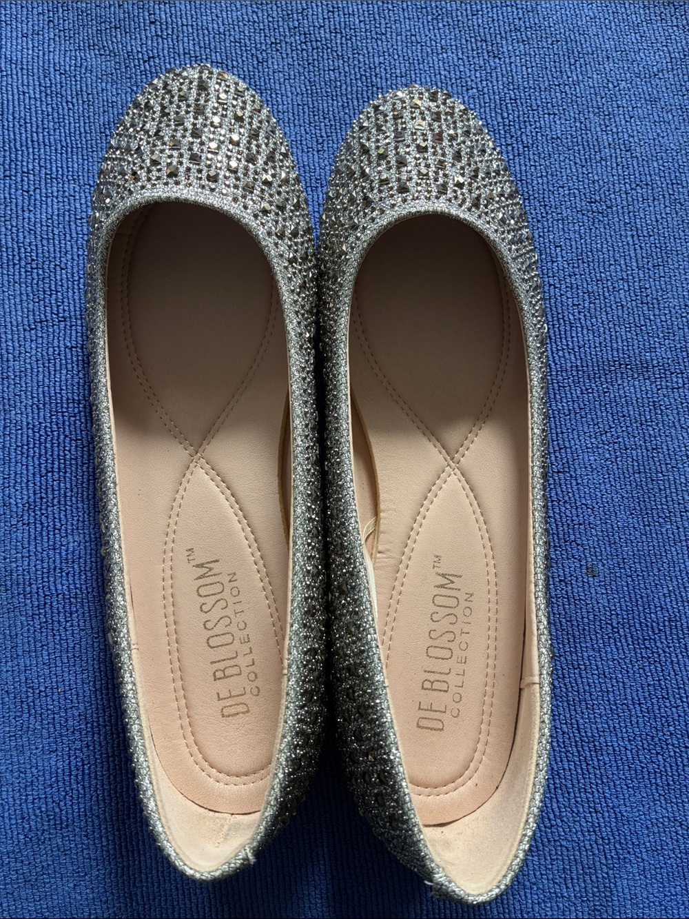De Blossom Collection Silver Glitter Ballet Flats with Rhinestone Toe